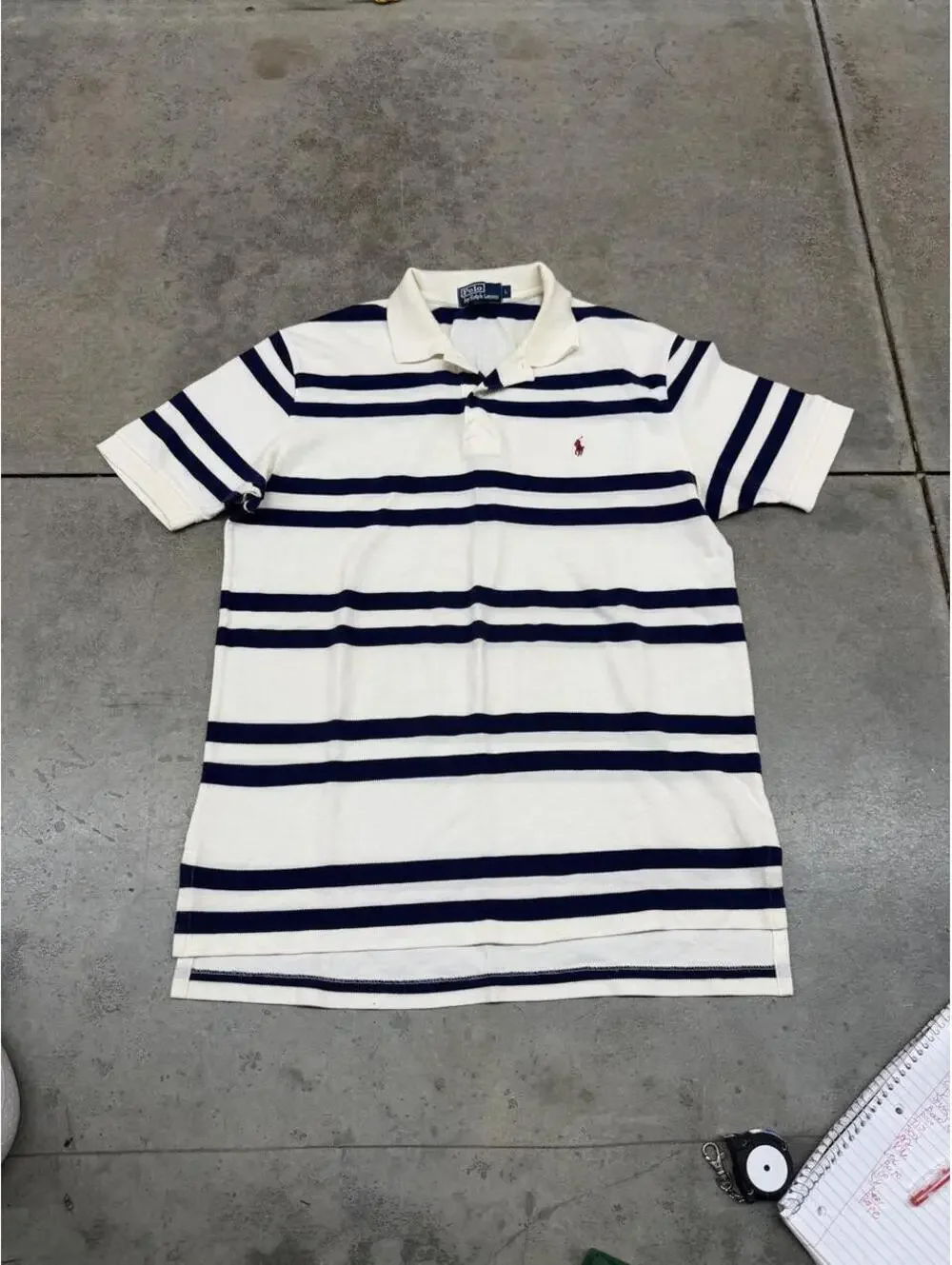 vintage polo ralph lauren white and navy striped polo shirt size large